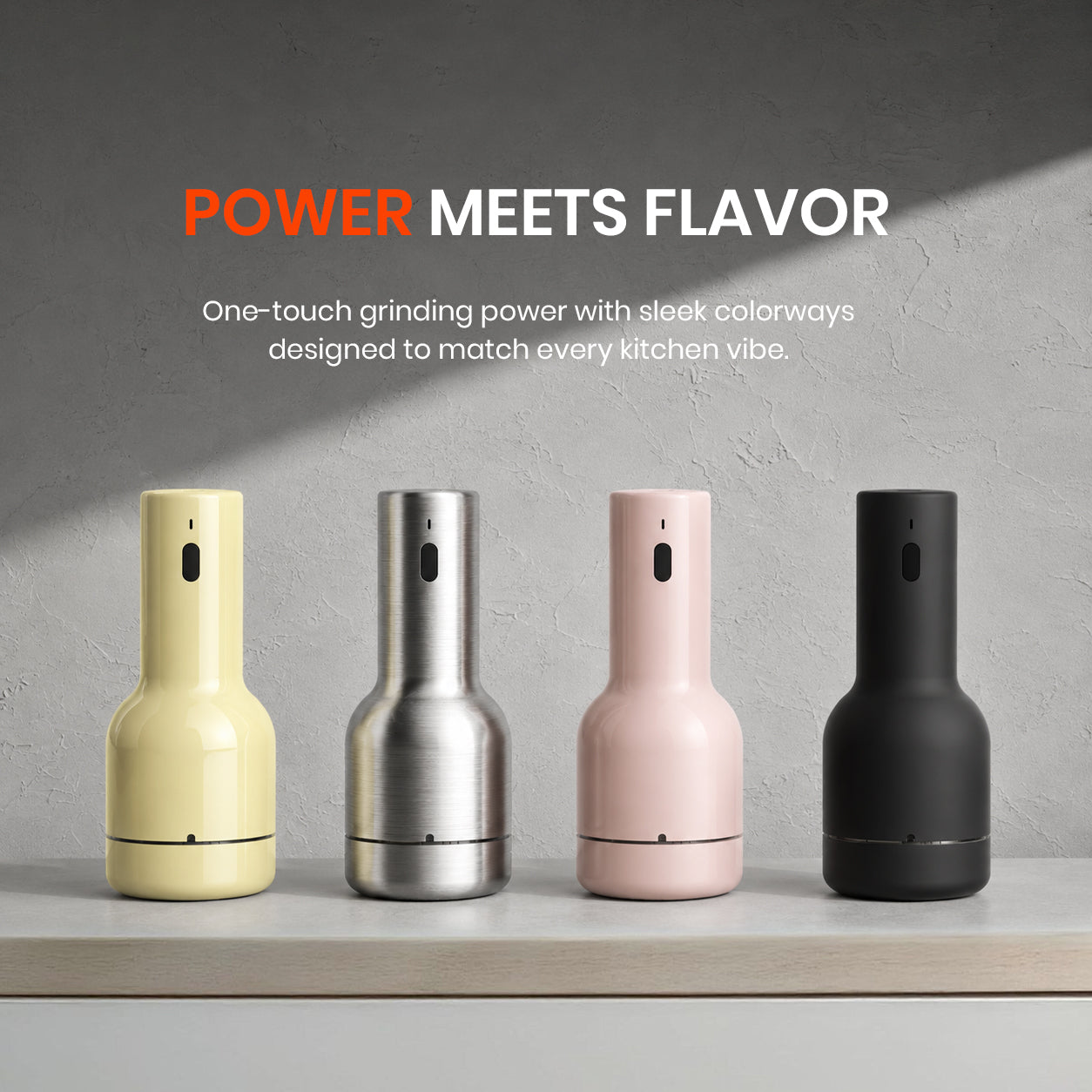 Four colorful pepper grinders on a gray surface with 'Power Meets Flavor' text above.