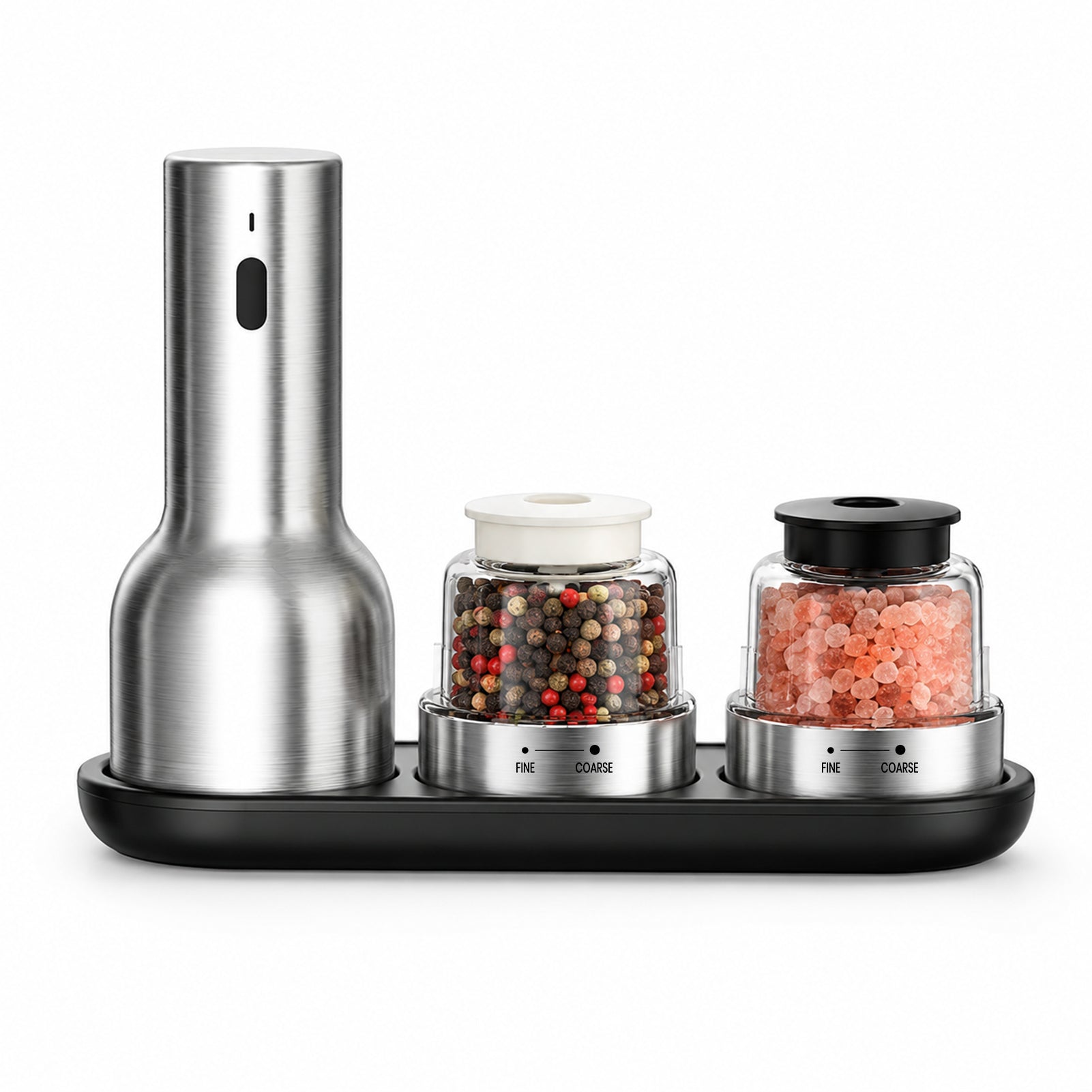 Electric salt and pepper grinder set on a white background