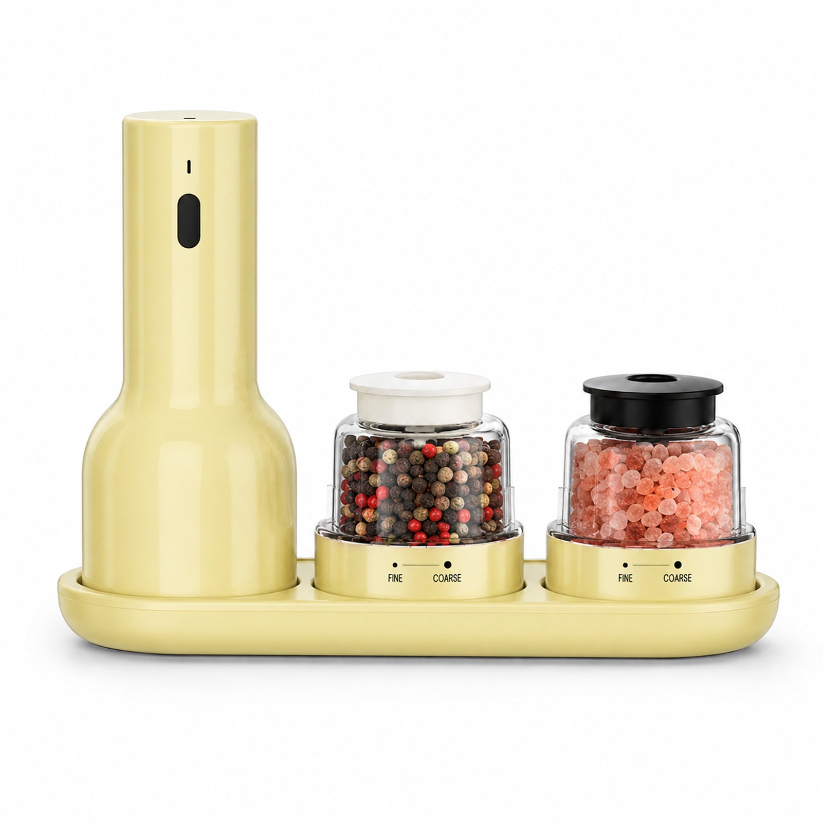 Yellow electric salt and pepper grinder set on a white background