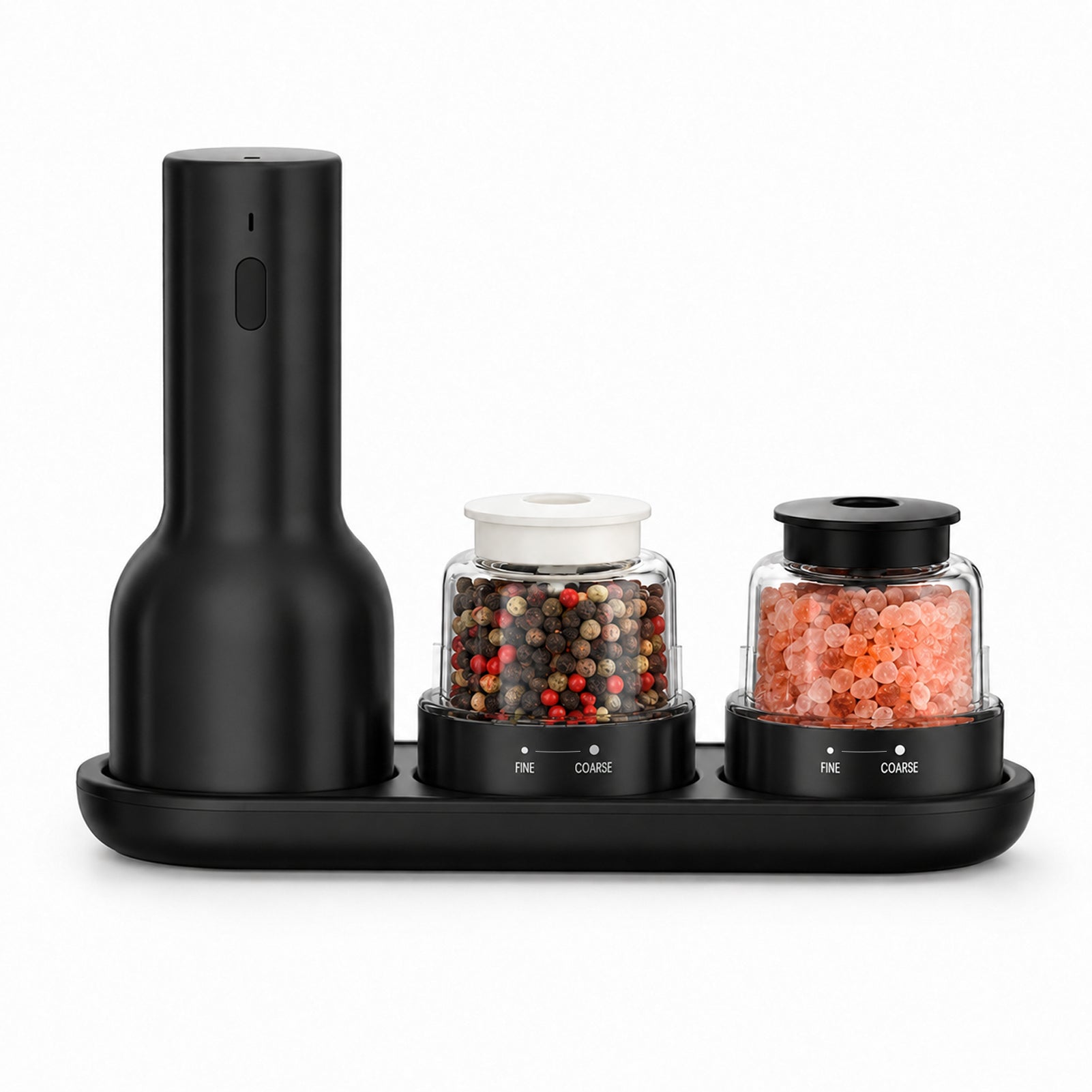 Black electric pepper grinder set with two glass containers on a white background