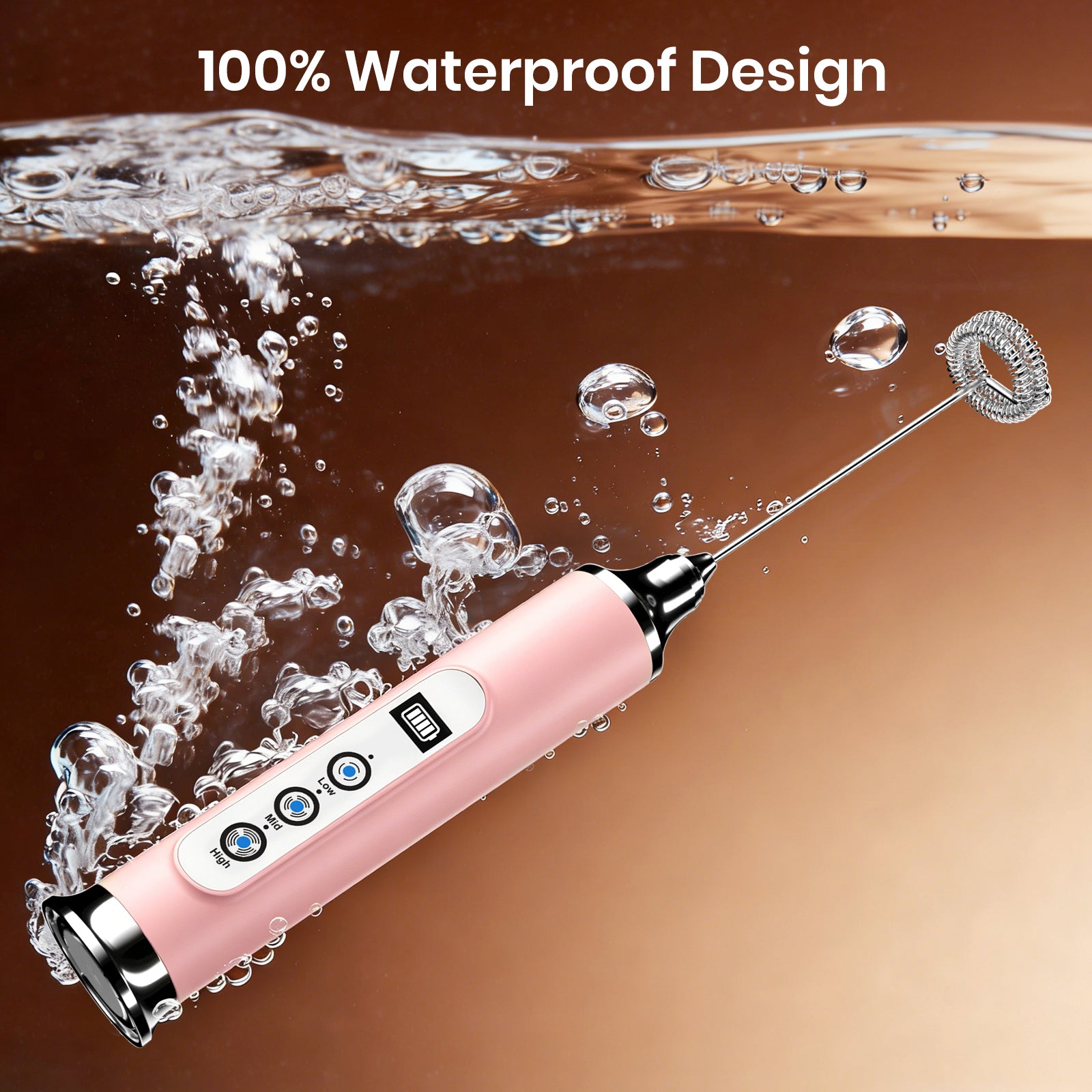 Pink dental tool with water splashing around it, labeled '100% Waterproof Design'.