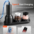 Black electric pepper grinder with charging cable on a gray surface, featuring text about Type-C fast charging.