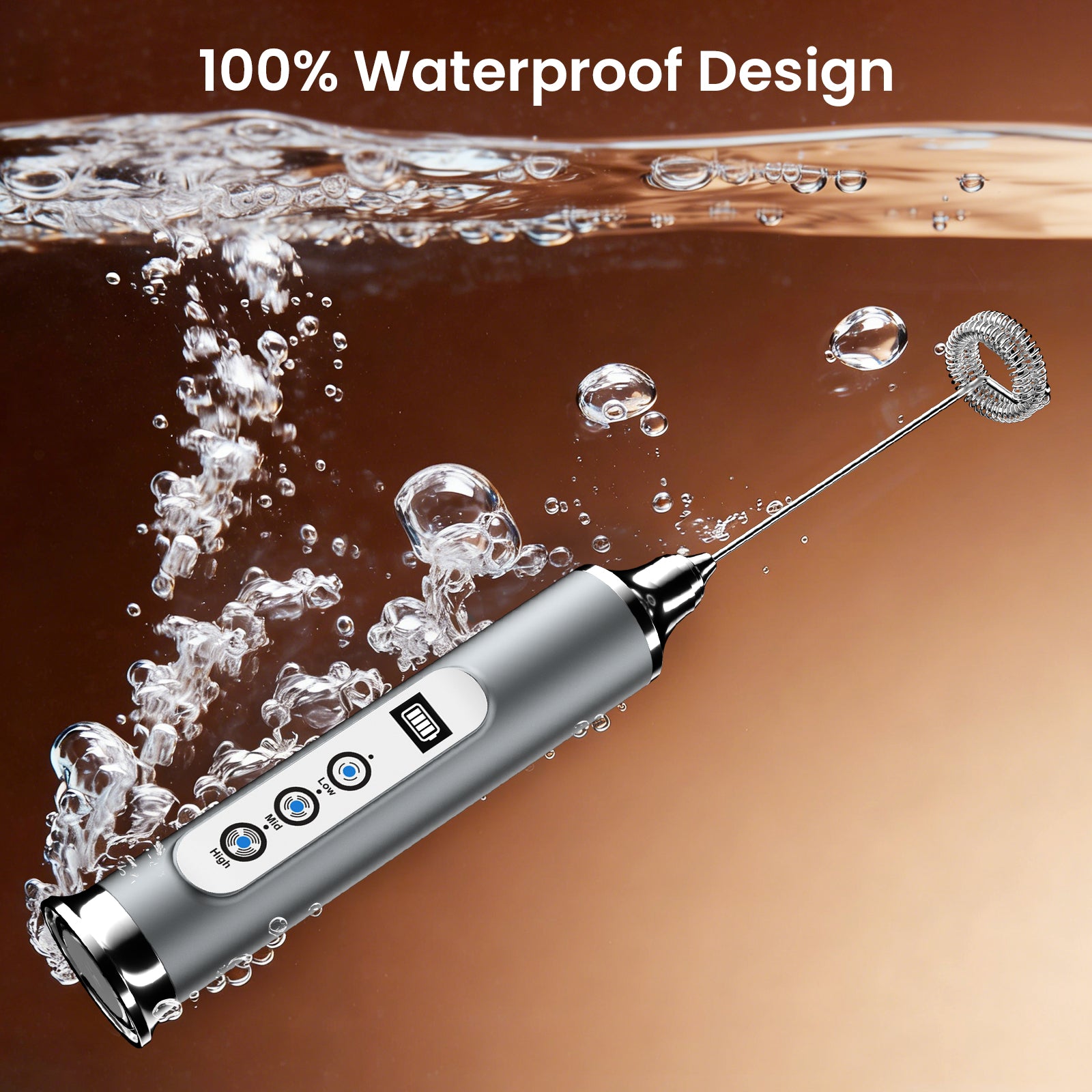 Silver electronic device with needle-like tip surrounded by water droplets on a brown background, highlighting '100% Waterproof Design'.