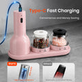 Pink electronic device with charging cable and salt and pepper shakers on a gray surface, emphasizing Type-C fast charging.