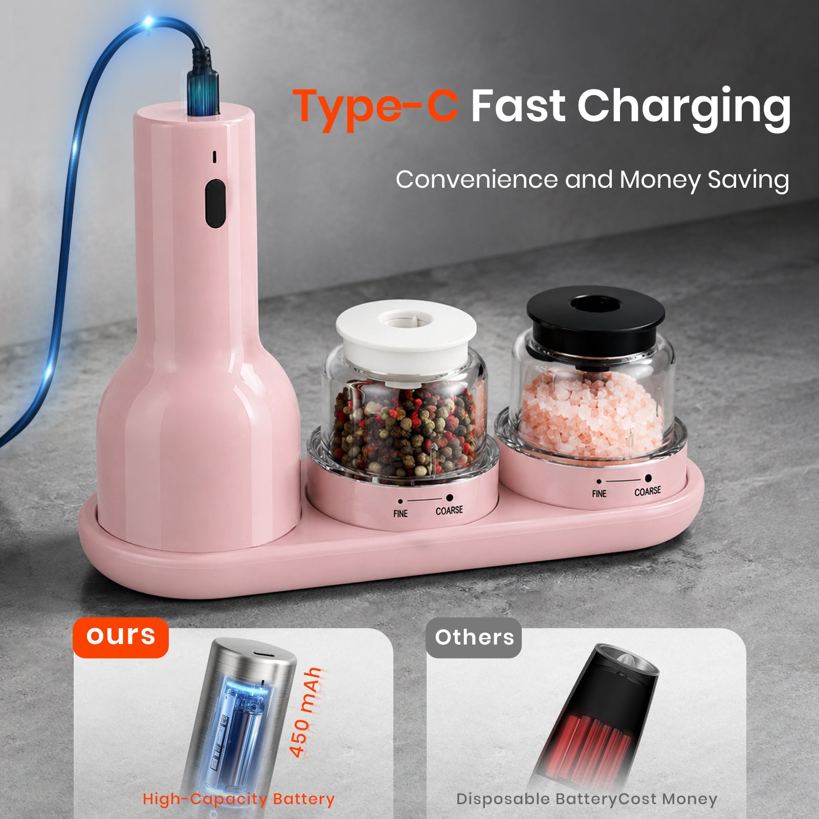 Pink electronic device with charging cable and salt and pepper shakers on a gray surface, emphasizing Type-C fast charging.