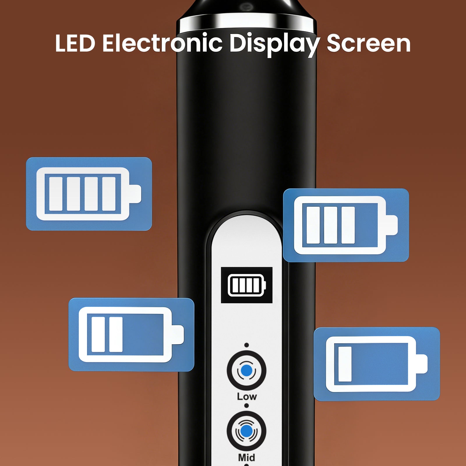 Black electronic device with LED display screen and battery icons on a brown background