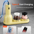 Yellow electric pepper grinder with charging cable on a gray surface, emphasizing fast charging and convenience.