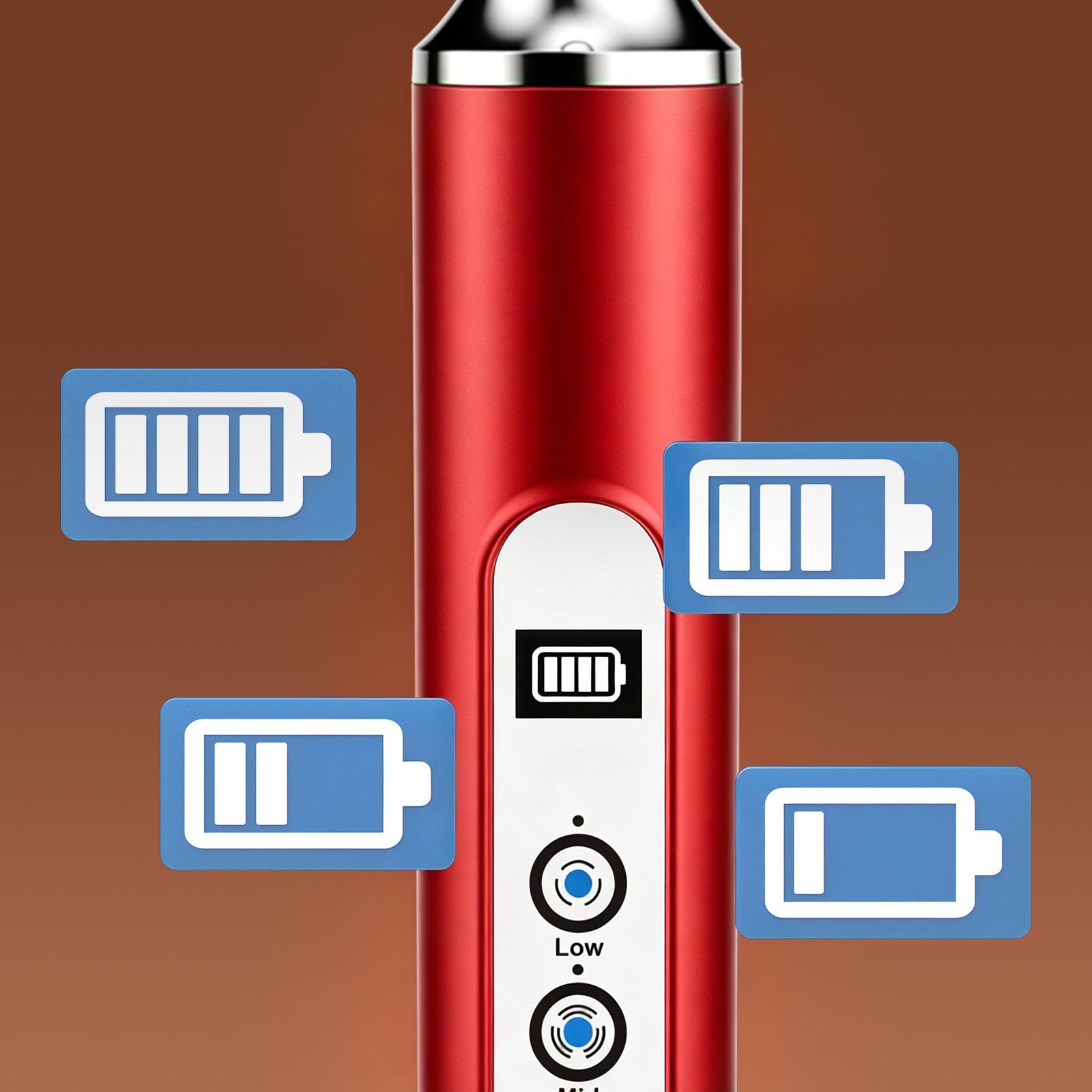 Red electronic device with battery indicator icons on a brown background