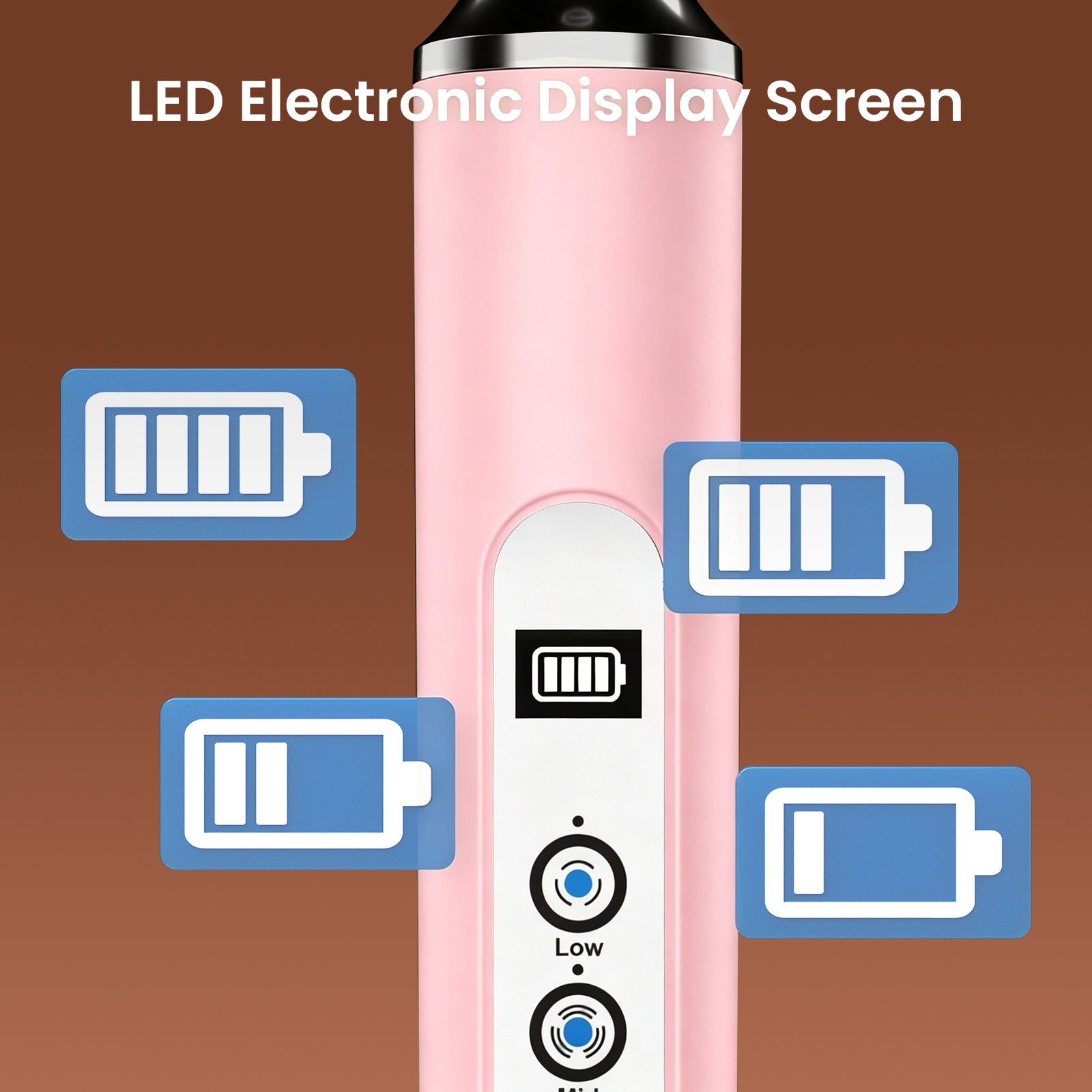 Pink electronic device with LED electronic display screen on a brown background