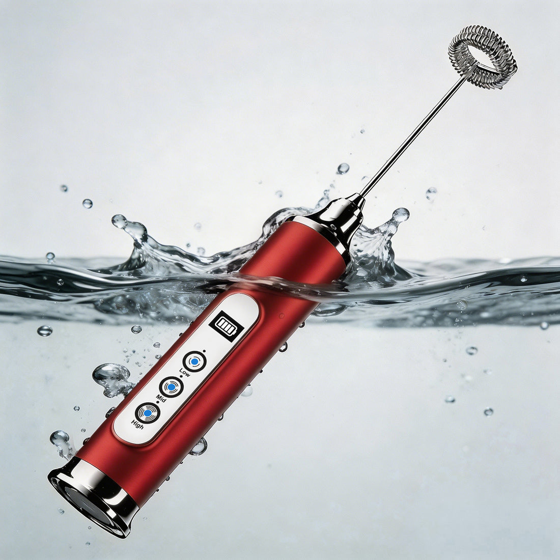 Red milk frother with whisk submerged in water on a gray background