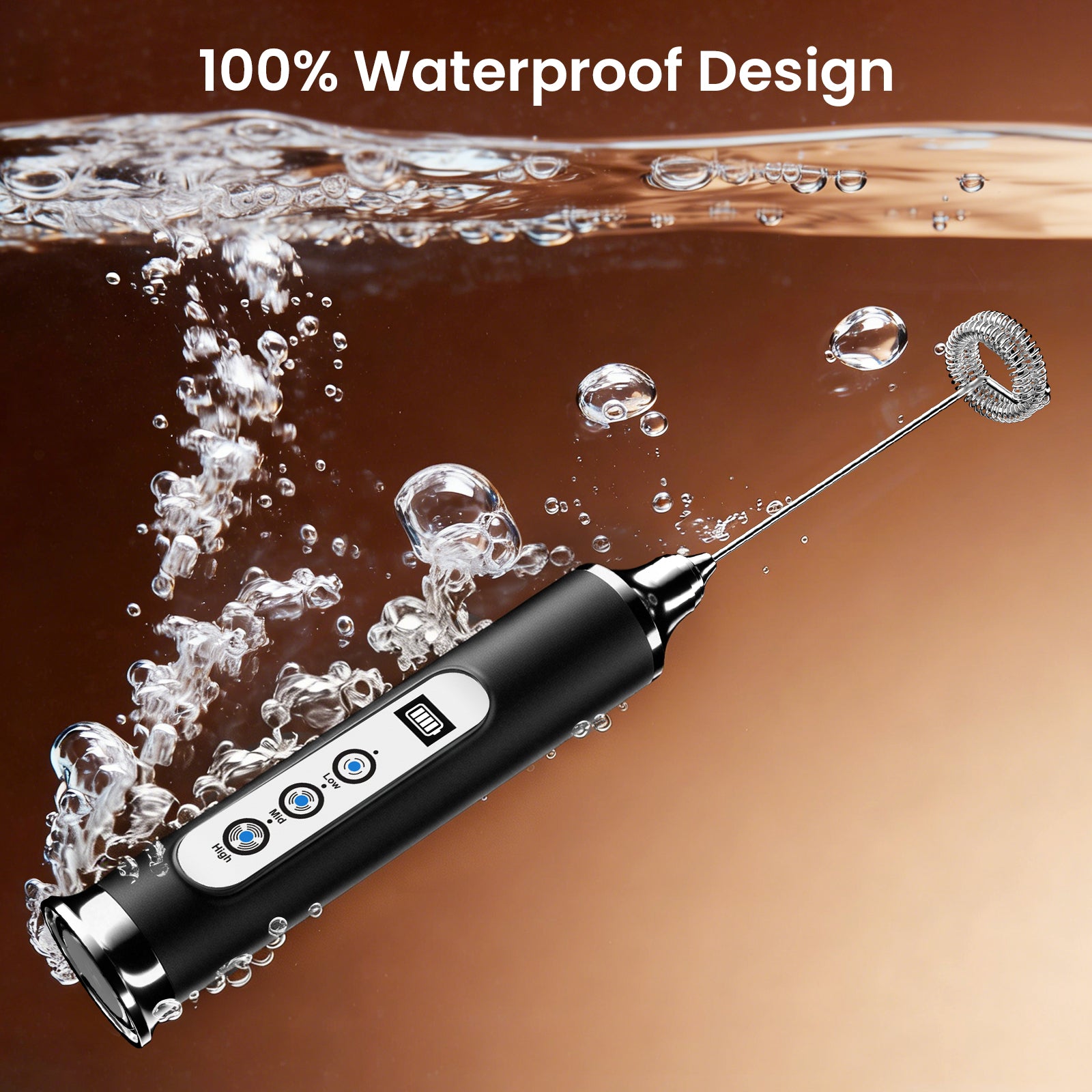 Black handheld device with water splashes and '100% Waterproof Design' text on a brown background