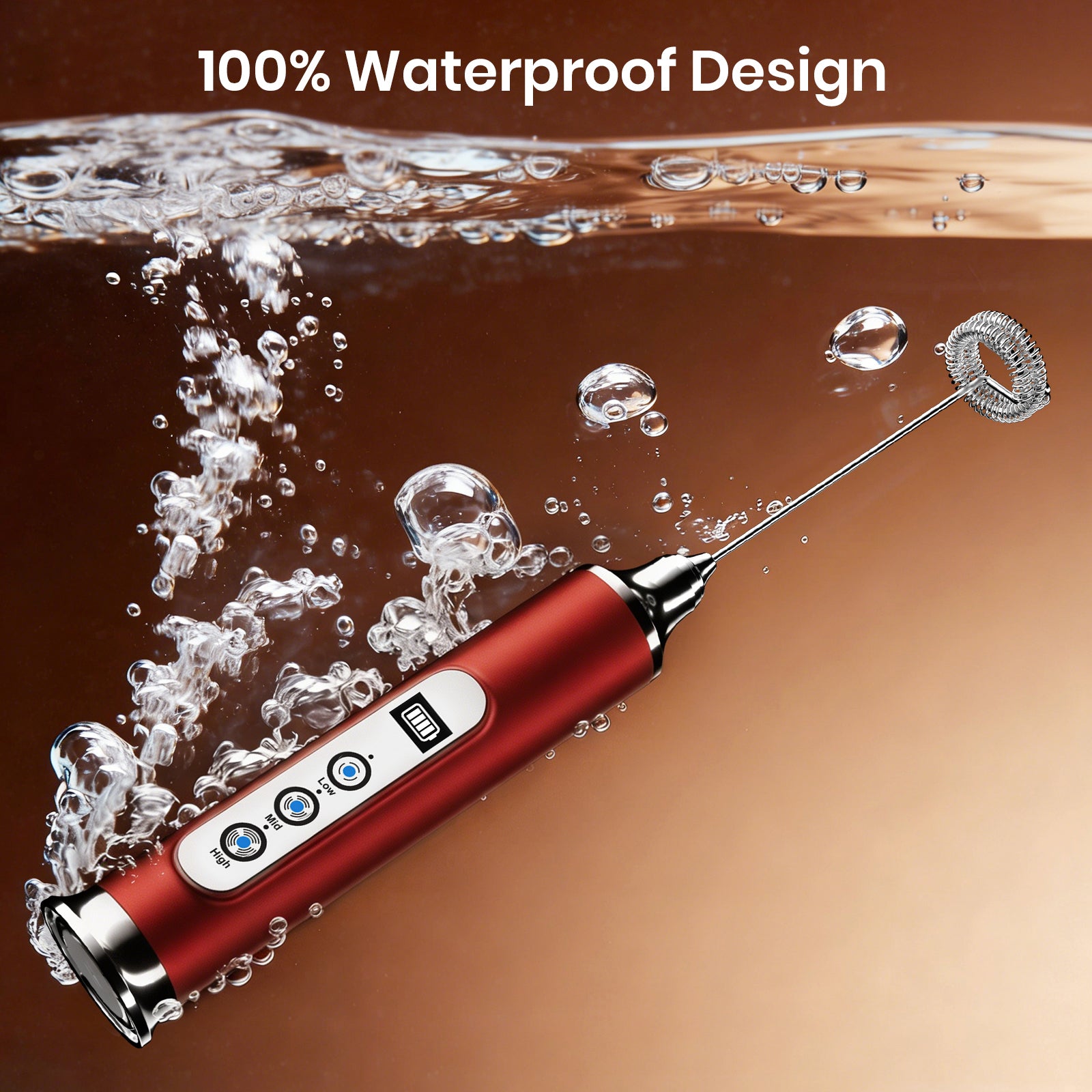 Red handheld milk frother with water splashes on a brown background, highlighting its waterproof design.