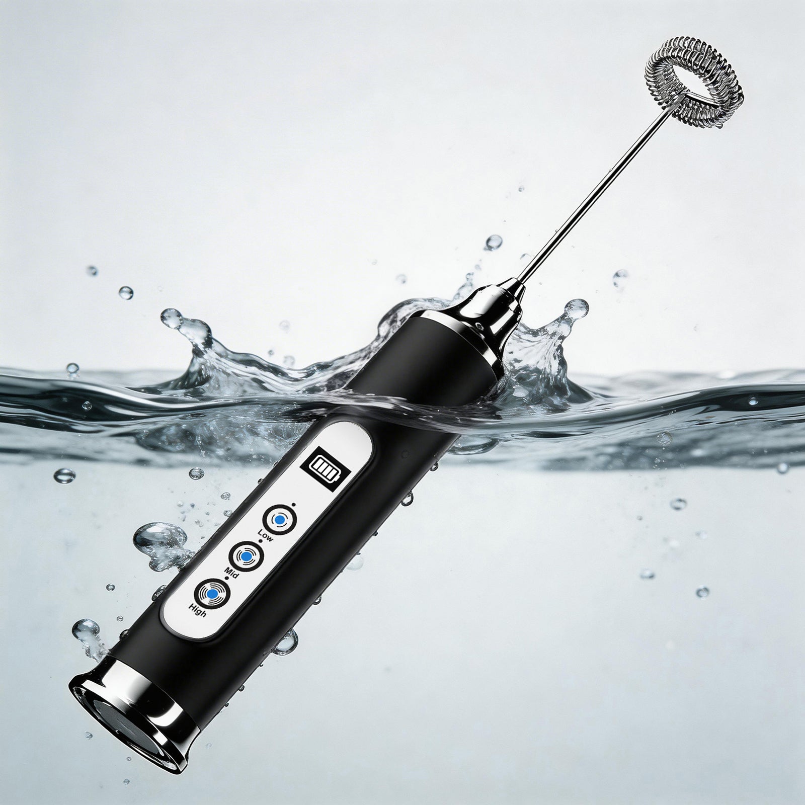 Black handheld milk frother with digital display in water