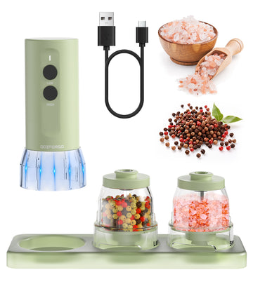 Collage of a USB charging cable, green electronic device, and two pepper grinders with salt and pepper on a white background.