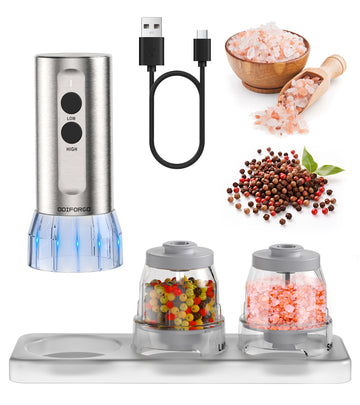 DOIFORCE salt and pepper grinder set with USB charging cable and ingredients on a white background