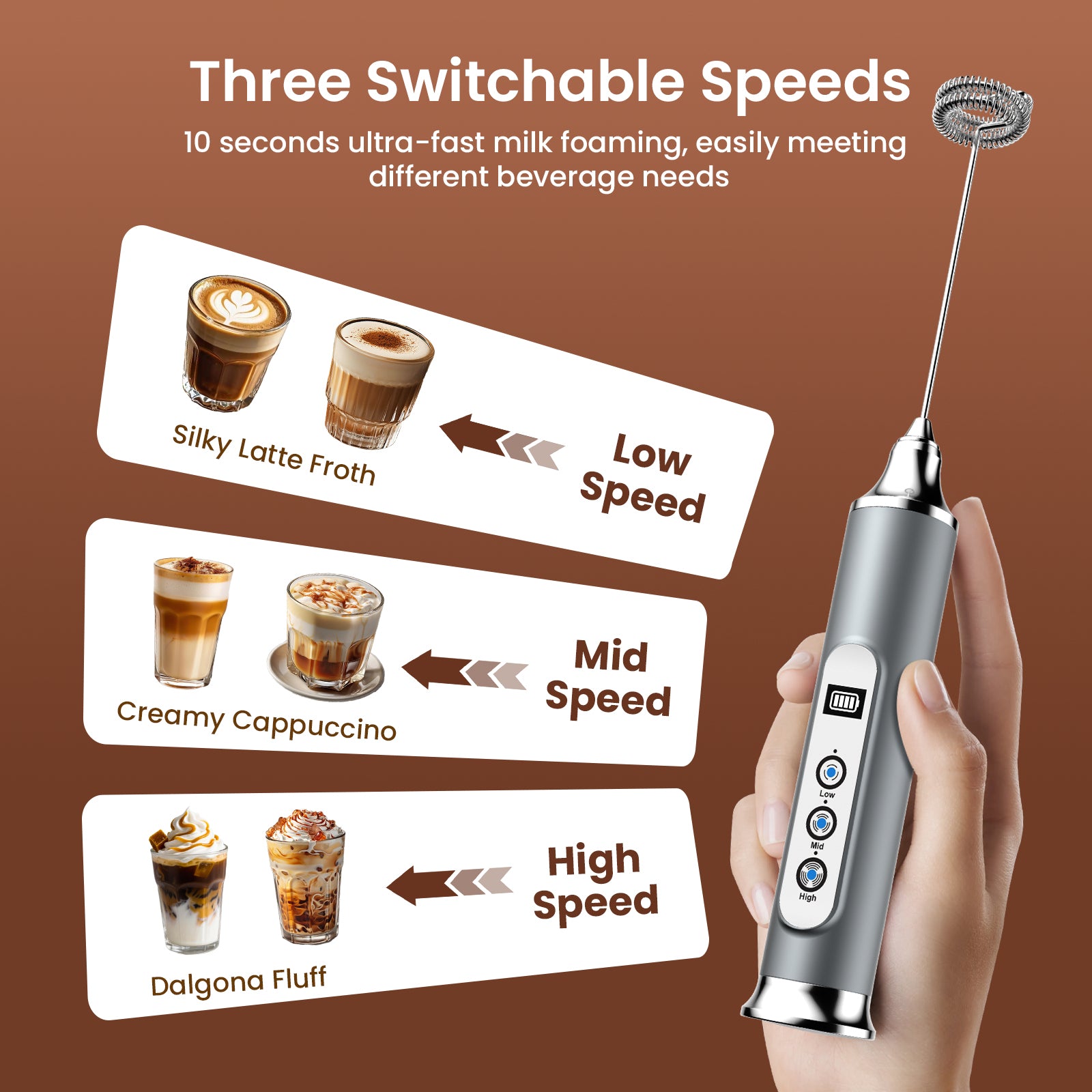 Handheld milk frother with three switchable speeds on a brown background