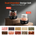 Black and white dual chamber salt and pepper shakers on a wooden stand with ingredient images below.