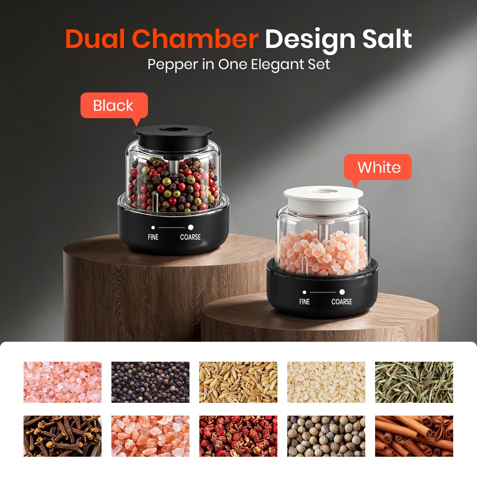 Black and white dual chamber salt and pepper shakers on a wooden stand with ingredient images below.