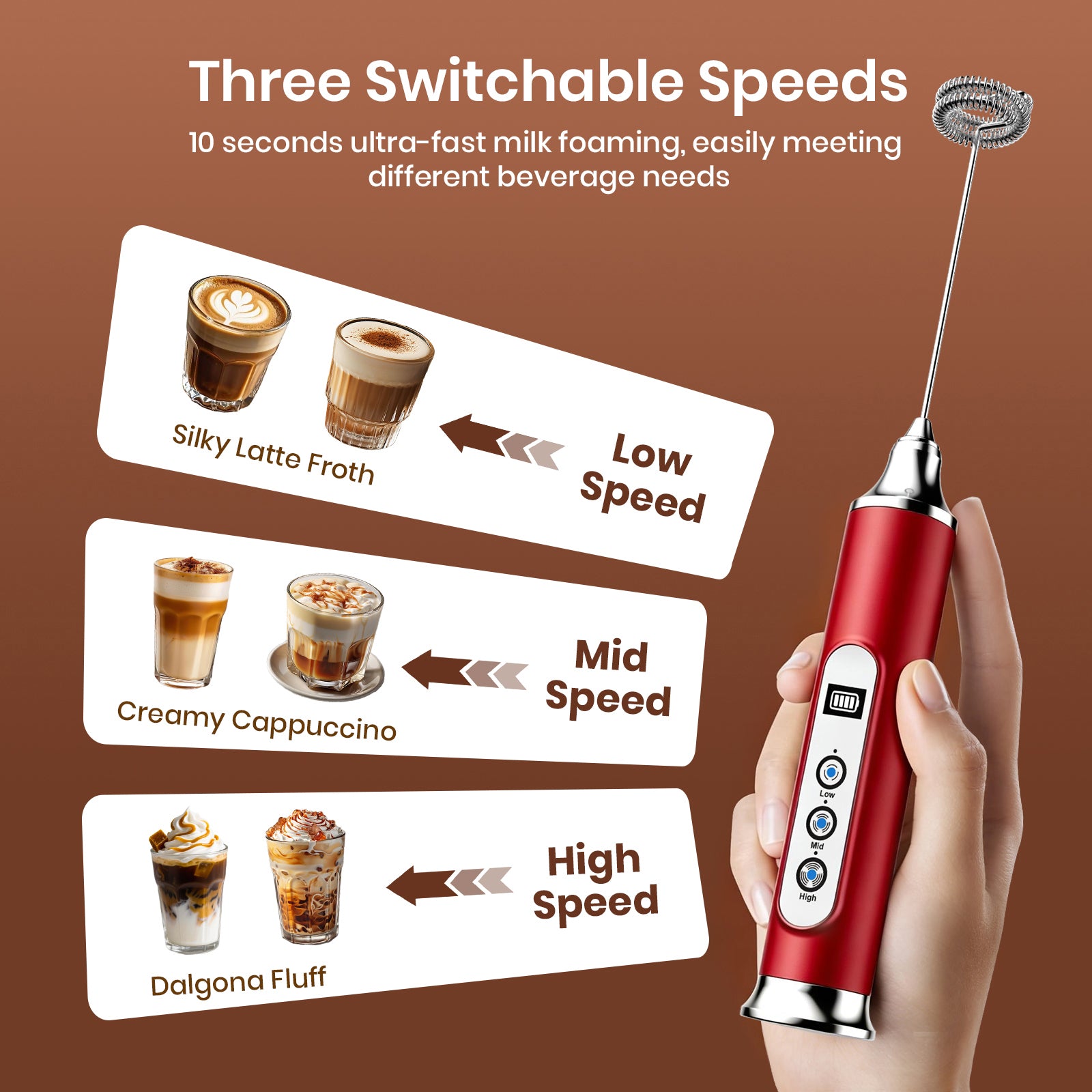 Red handheld milk frother with speed settings for different beverages on a brown background