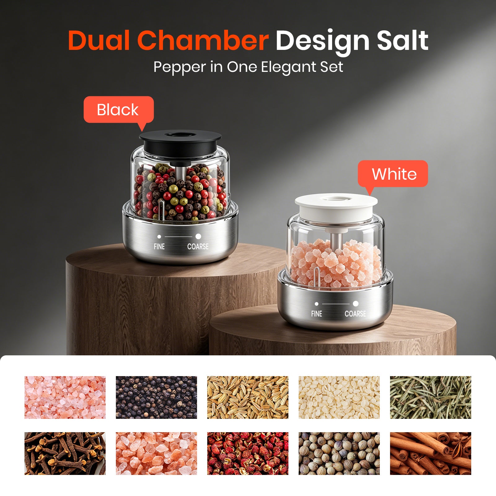 Two pepper grinders, one black and one white, on a wooden stand with pepper samples displayed below.
