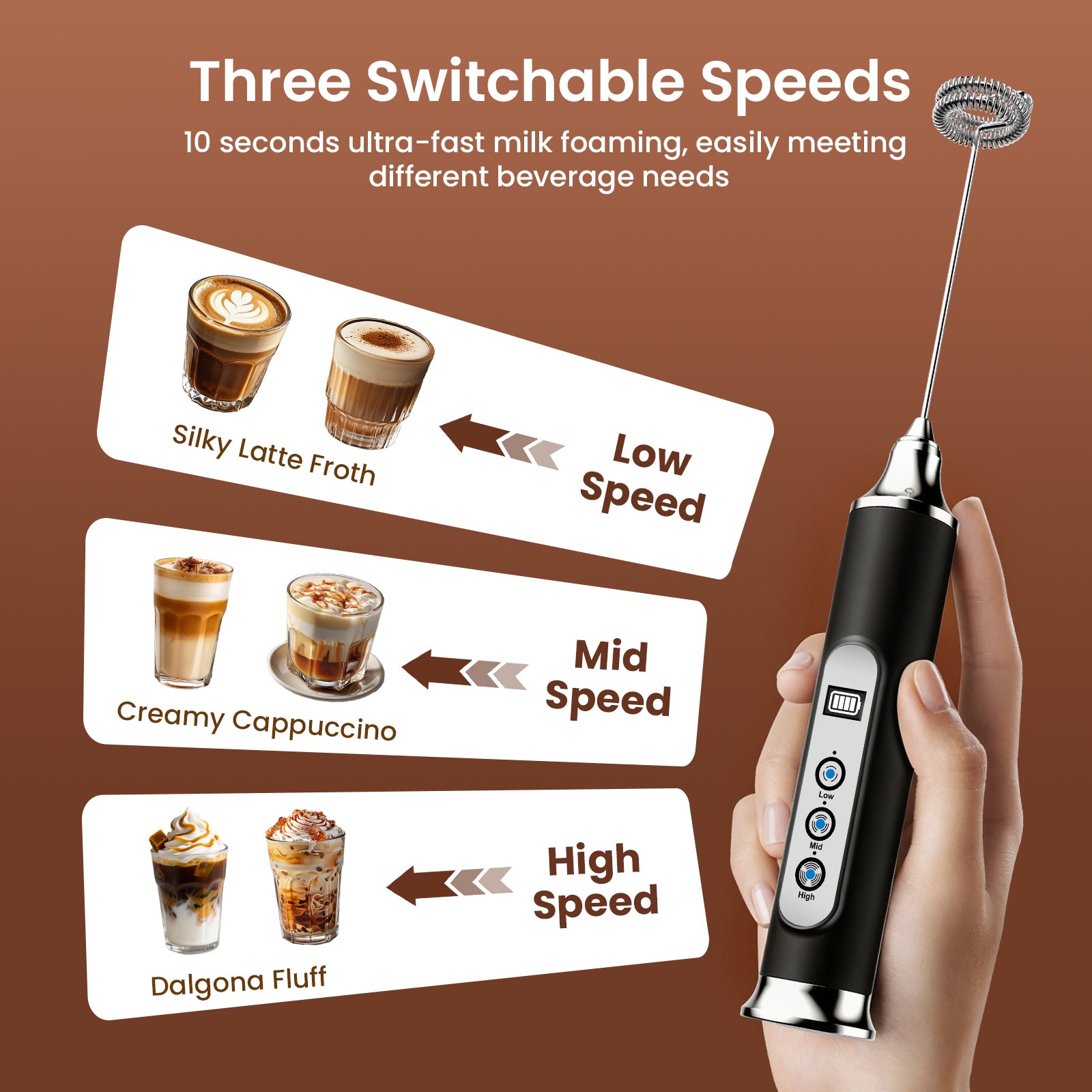 Handheld milk frother with three switchable speeds on a brown background
