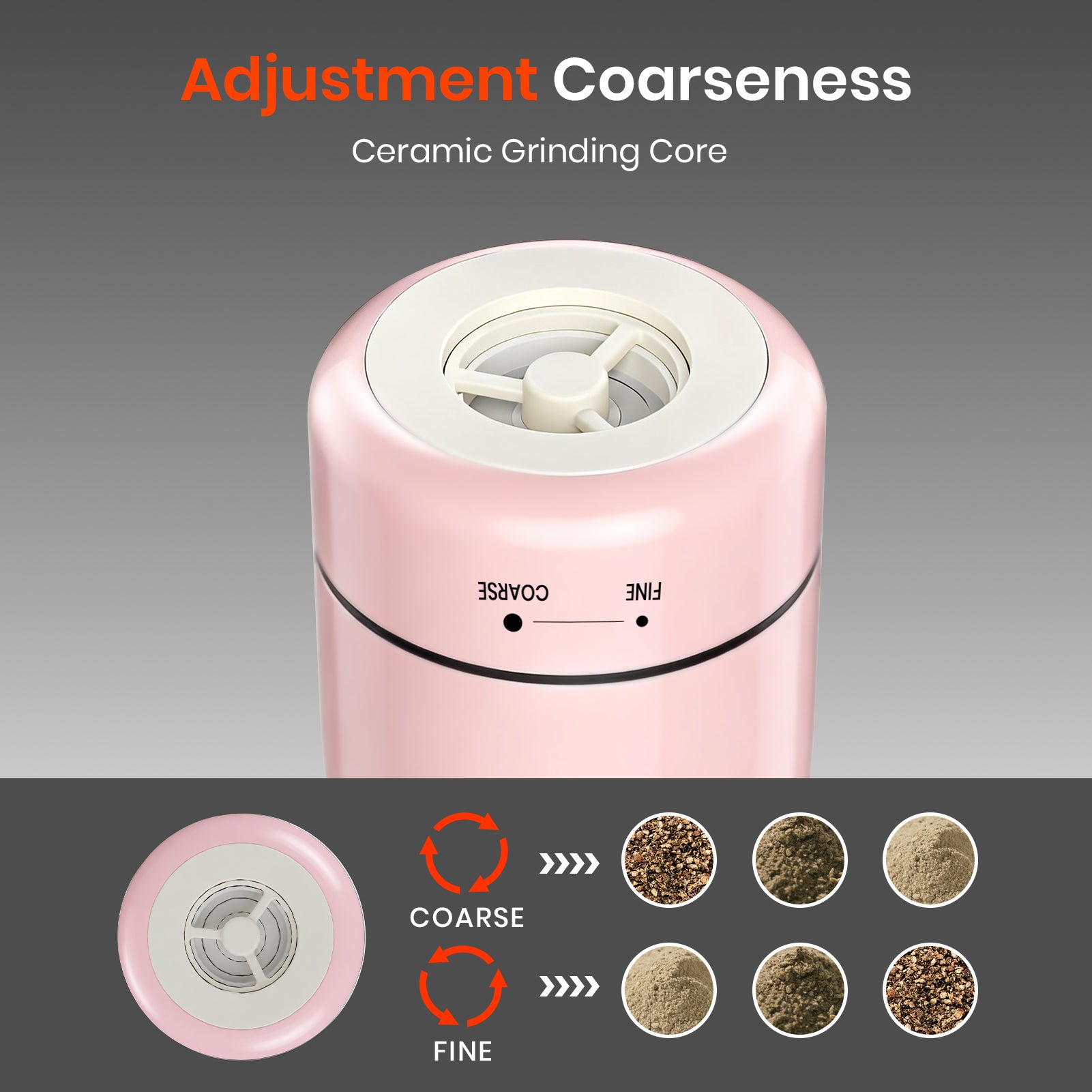 Pink spice grinder with adjustment coarseness feature on a gray background