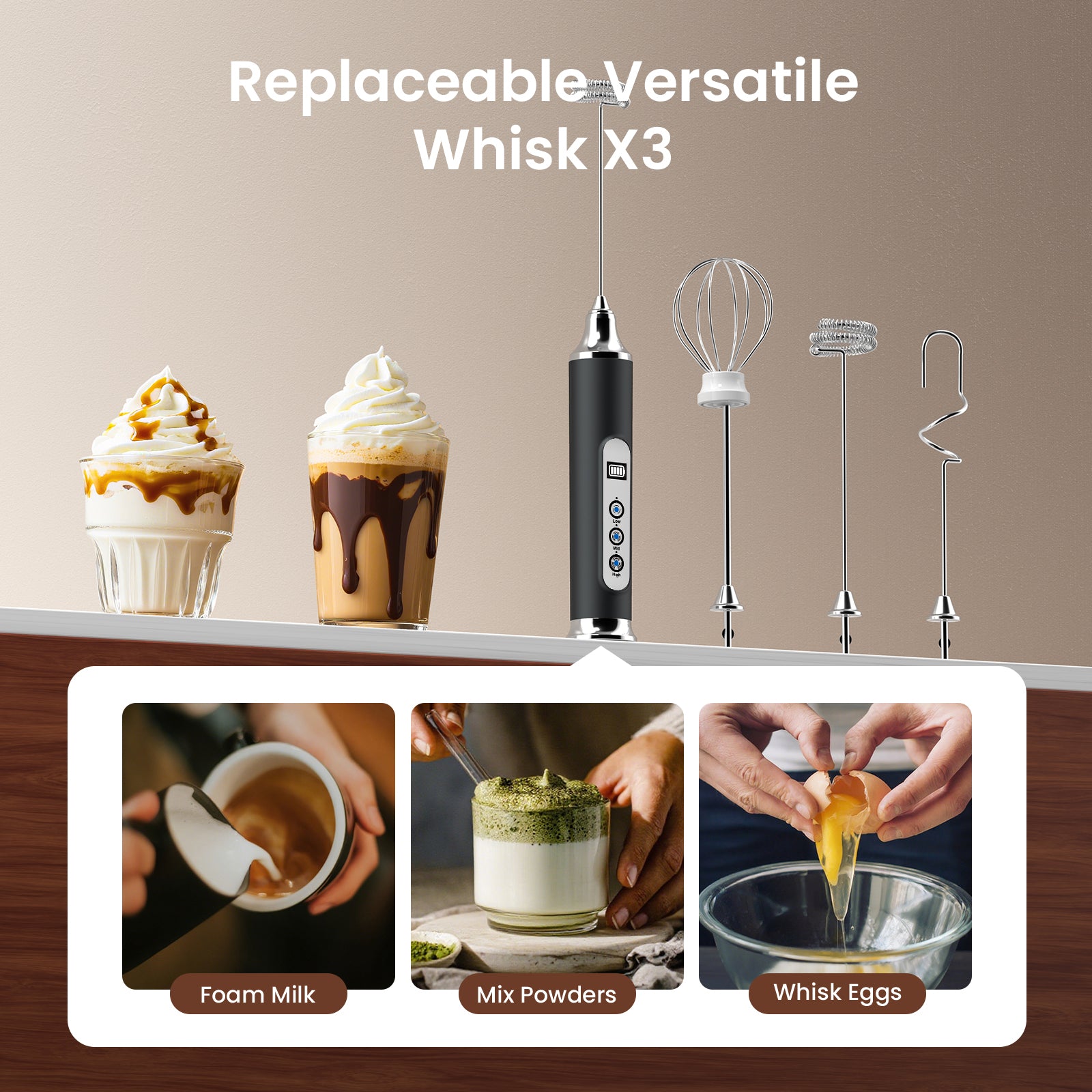 Replaceable Versatile Whisk X3 with various uses shown on a wooden surface.