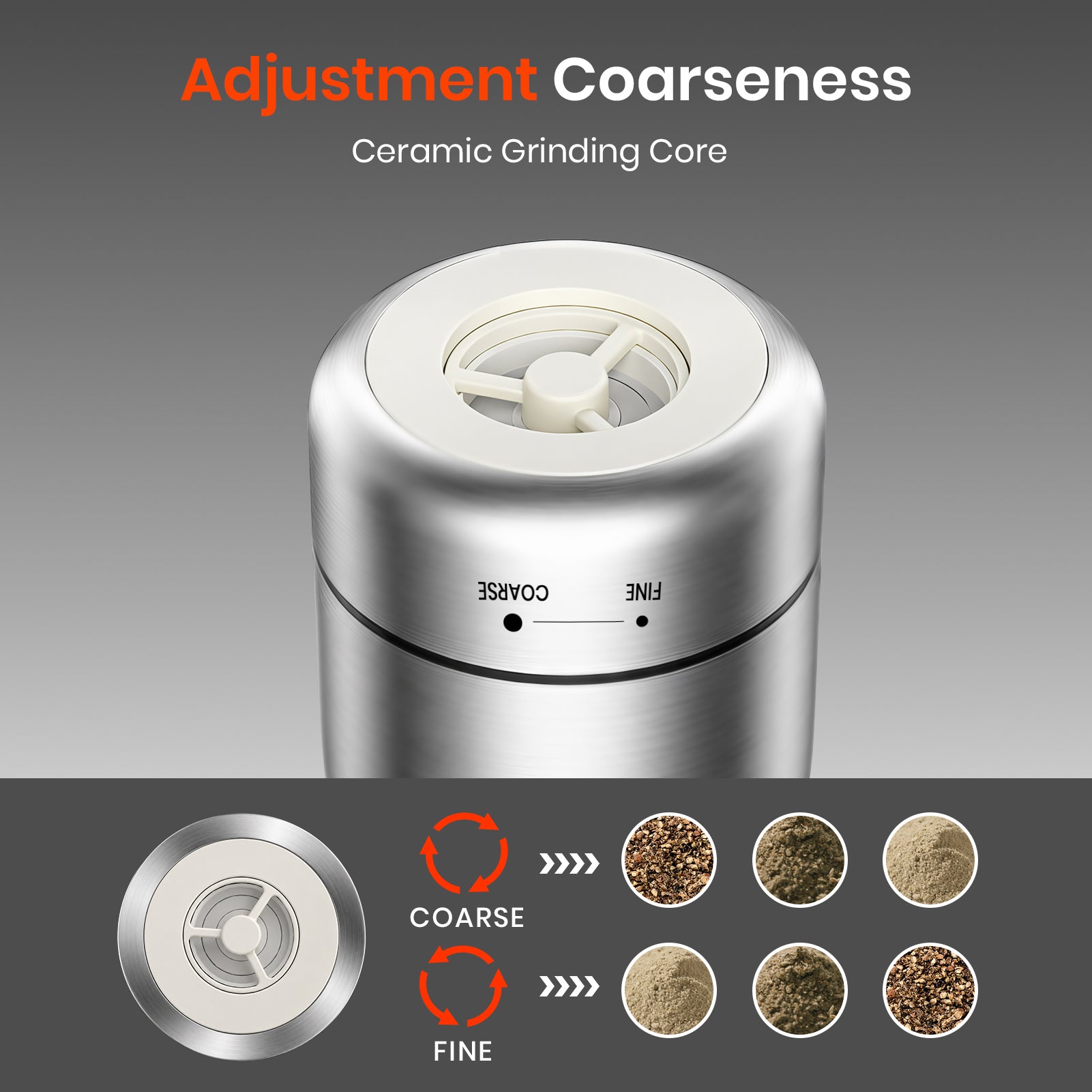 Silver spice grinder with adjustment coarseness feature on a gray background