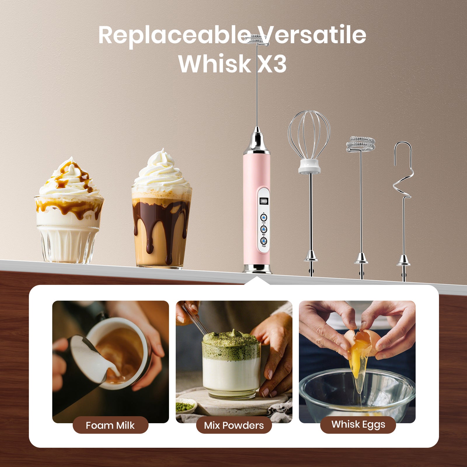 Replaceable Versatile Whisk X3 with examples of use on a wooden surface.