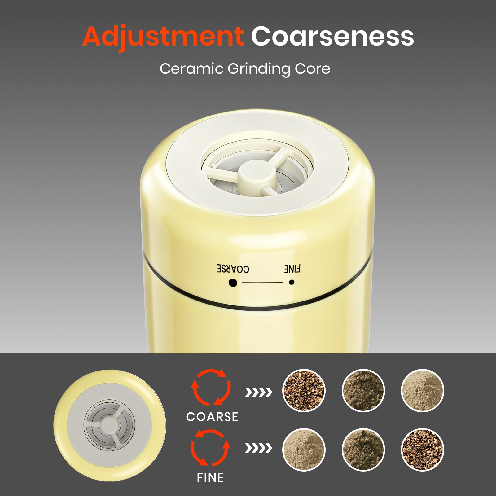 Gold-colored spice grinder with adjustment coarseness feature on a gray background