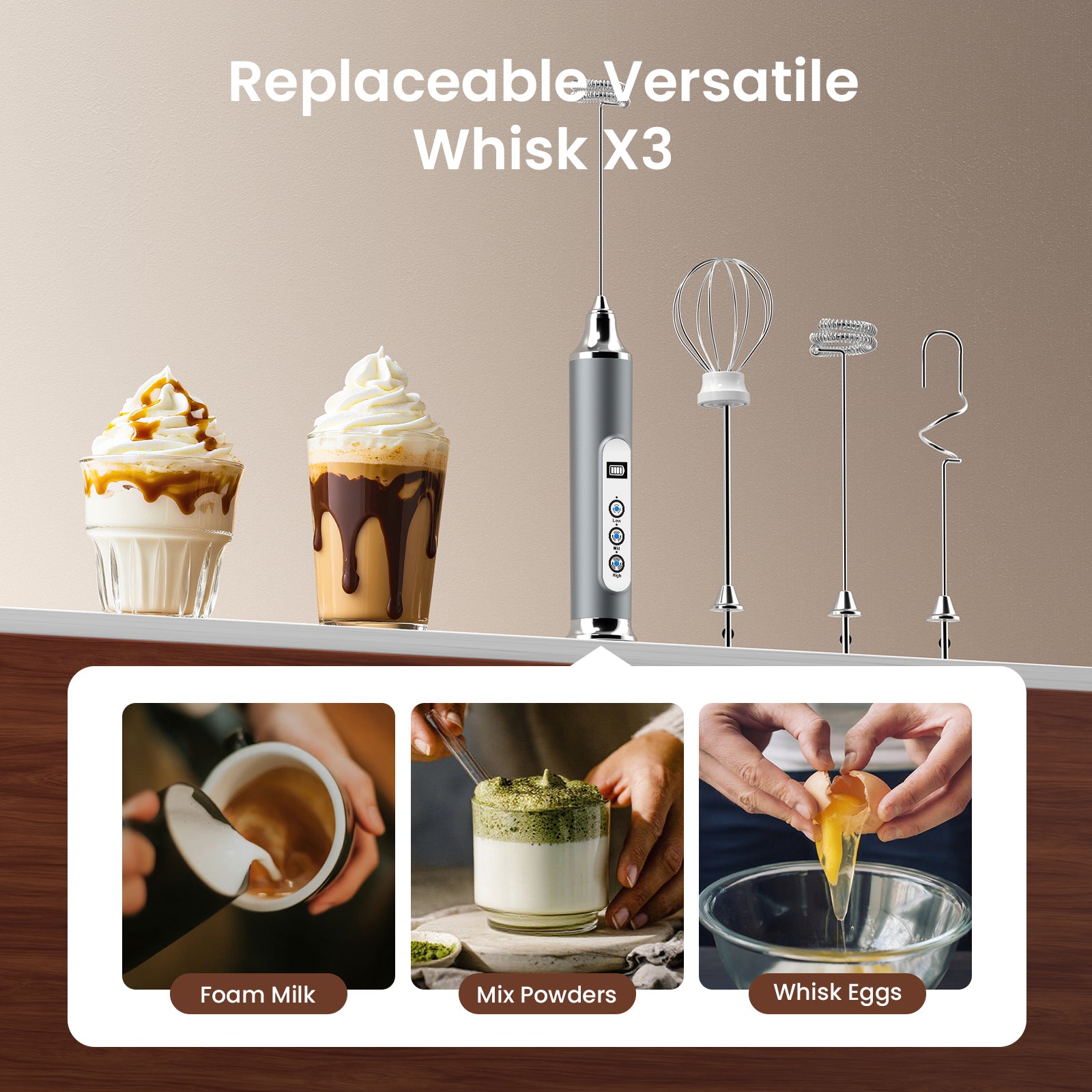 Kitchen mixer with interchangeable whisks and its uses on a wooden surface.