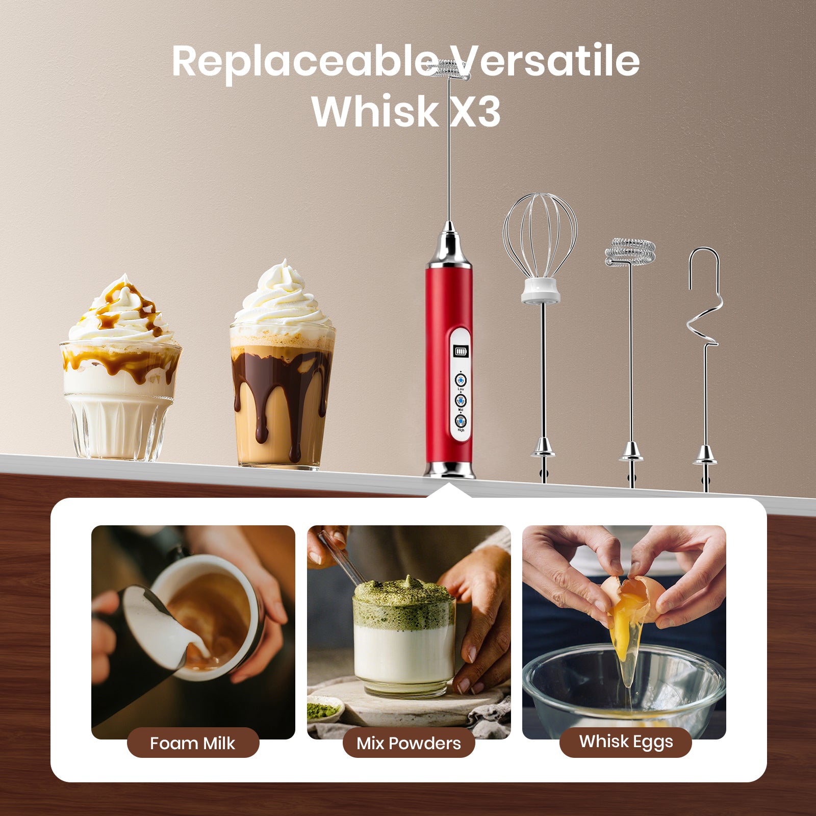 Red handheld whisk with interchangeable nozzles on a wooden surface with food items and actions displayed.