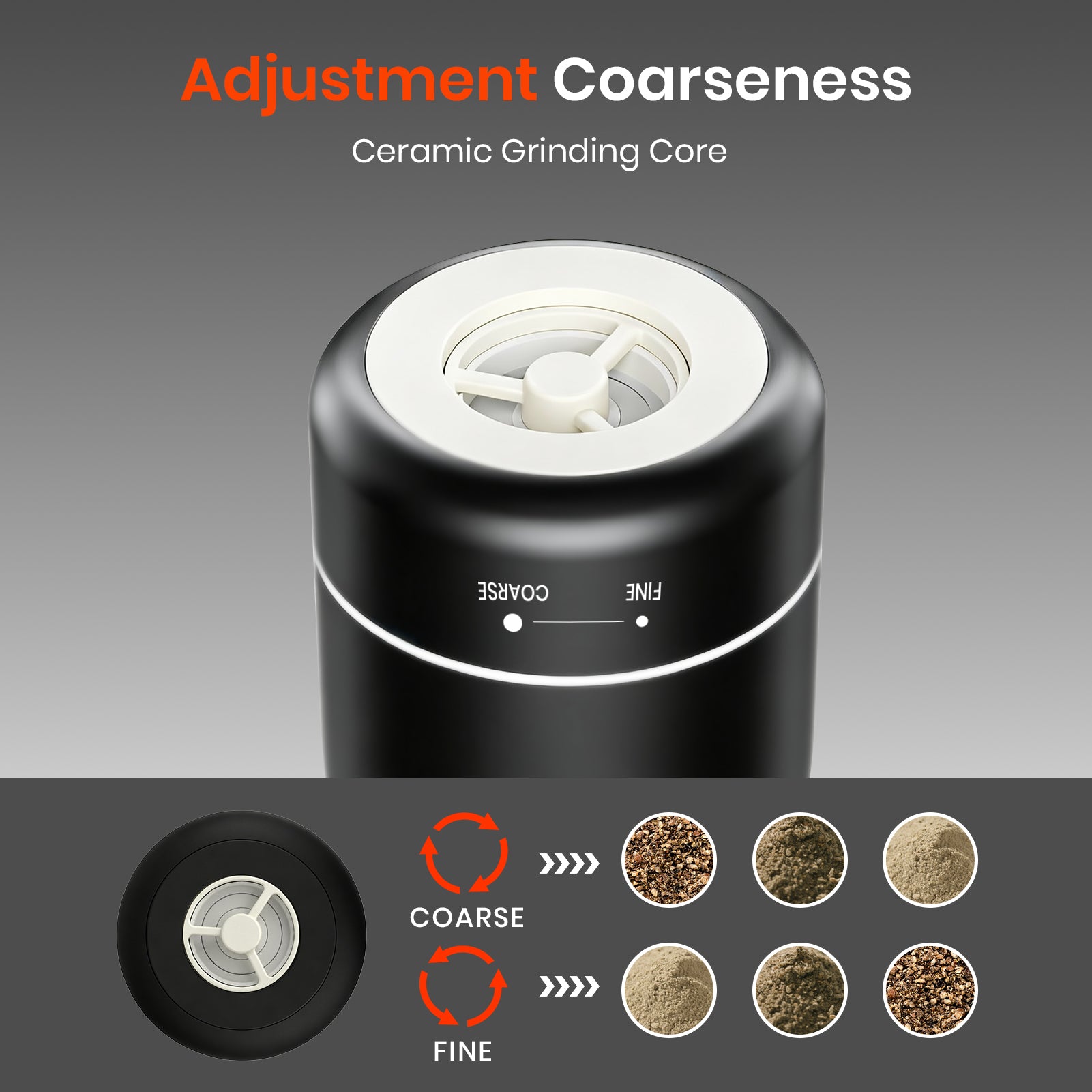 Black ceramic grinder with adjustment coarseness feature on a gray background