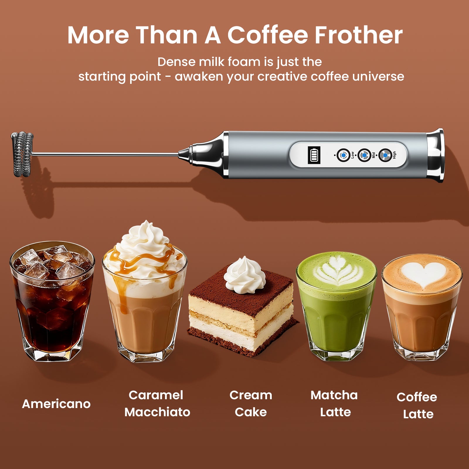 Coffee frother with coffee beverages and desserts on a brown background
