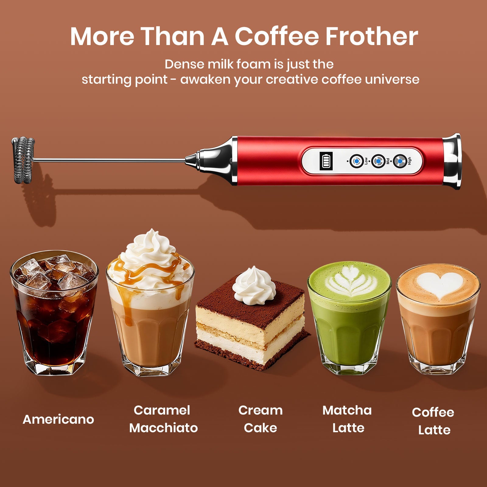 Coffee frother with various coffee drinks and desserts on a brown background