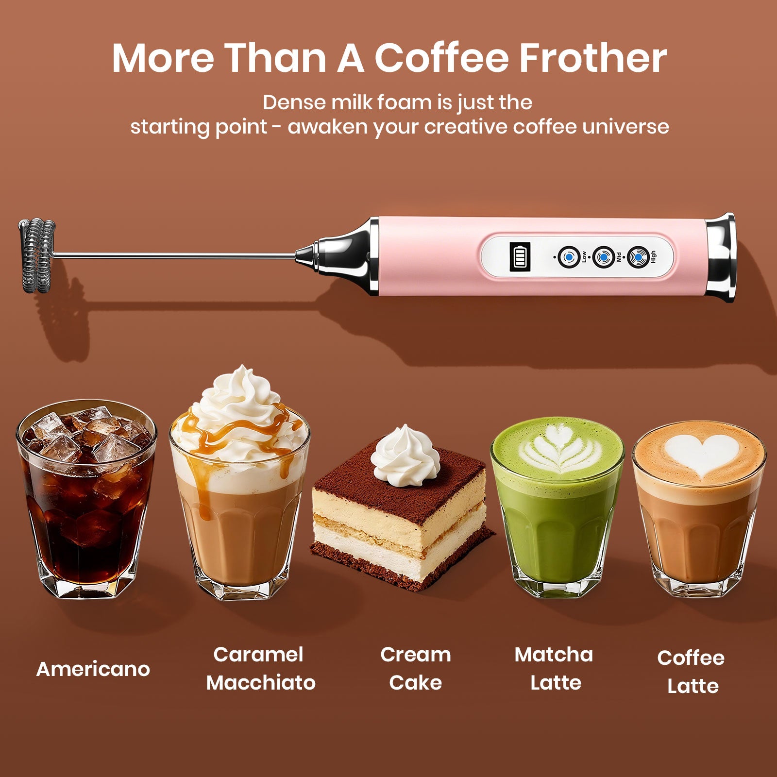 Coffee frother with various coffee drinks and desserts on a brown background
