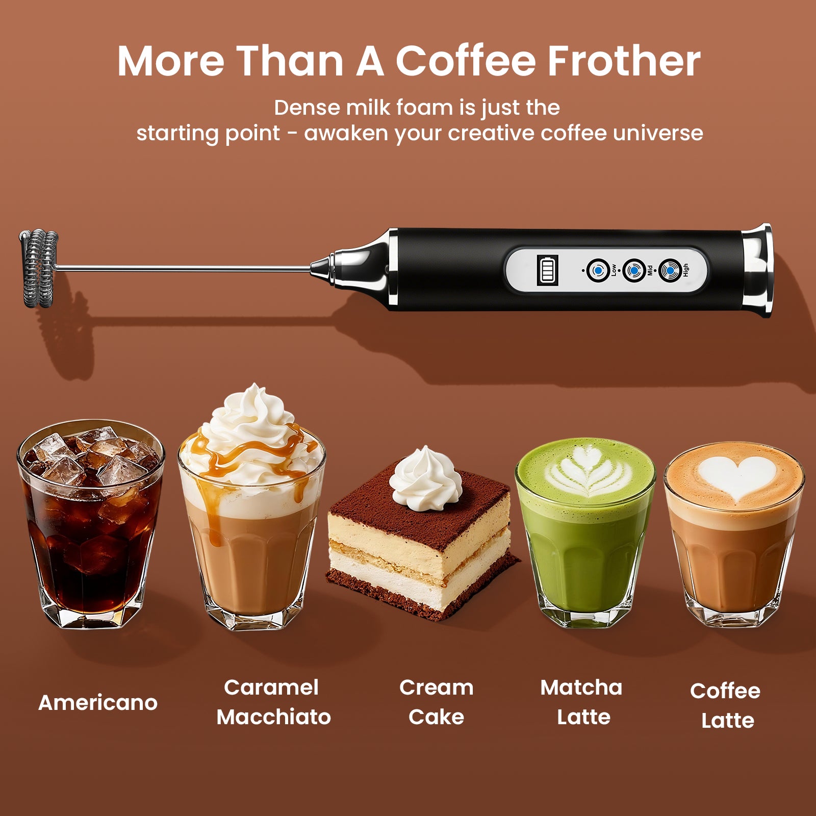 Coffee frother with various coffee beverages and desserts on a brown background