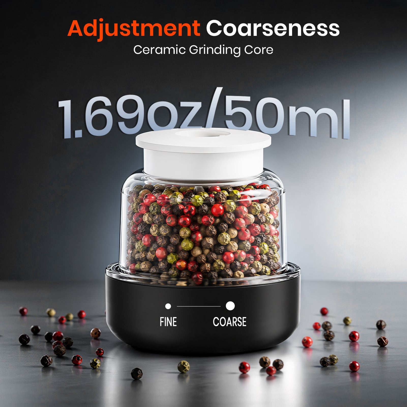 Black pepper grinder with colorful peppercorns on a dark background