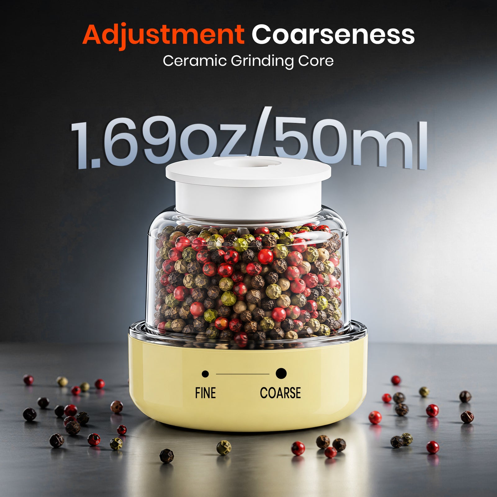 Pepper grinder with adjustable coarseness feature, filled with multicolored peppercorns.