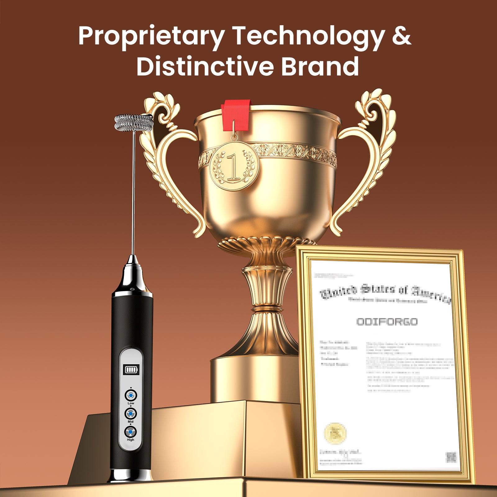 Gold trophy, black handheld device, and certificate on a brown background with text 'Proprietary Technology & Distinctive Brand'.