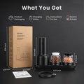 Product set with packaging, charging cable, instructions, and electric grinder on a dark background
