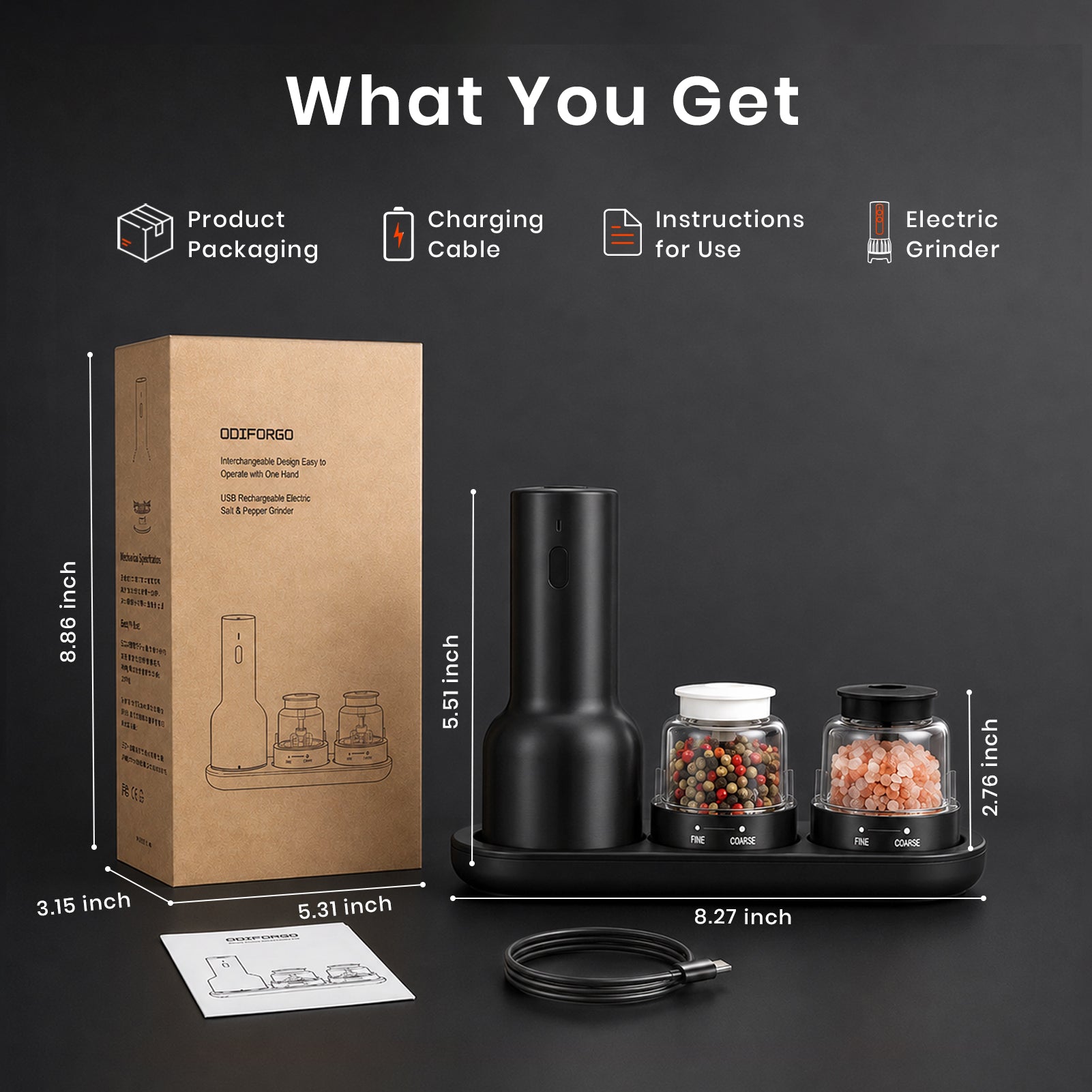 Product set with packaging, charging cable, instructions, and electric grinder on a dark background