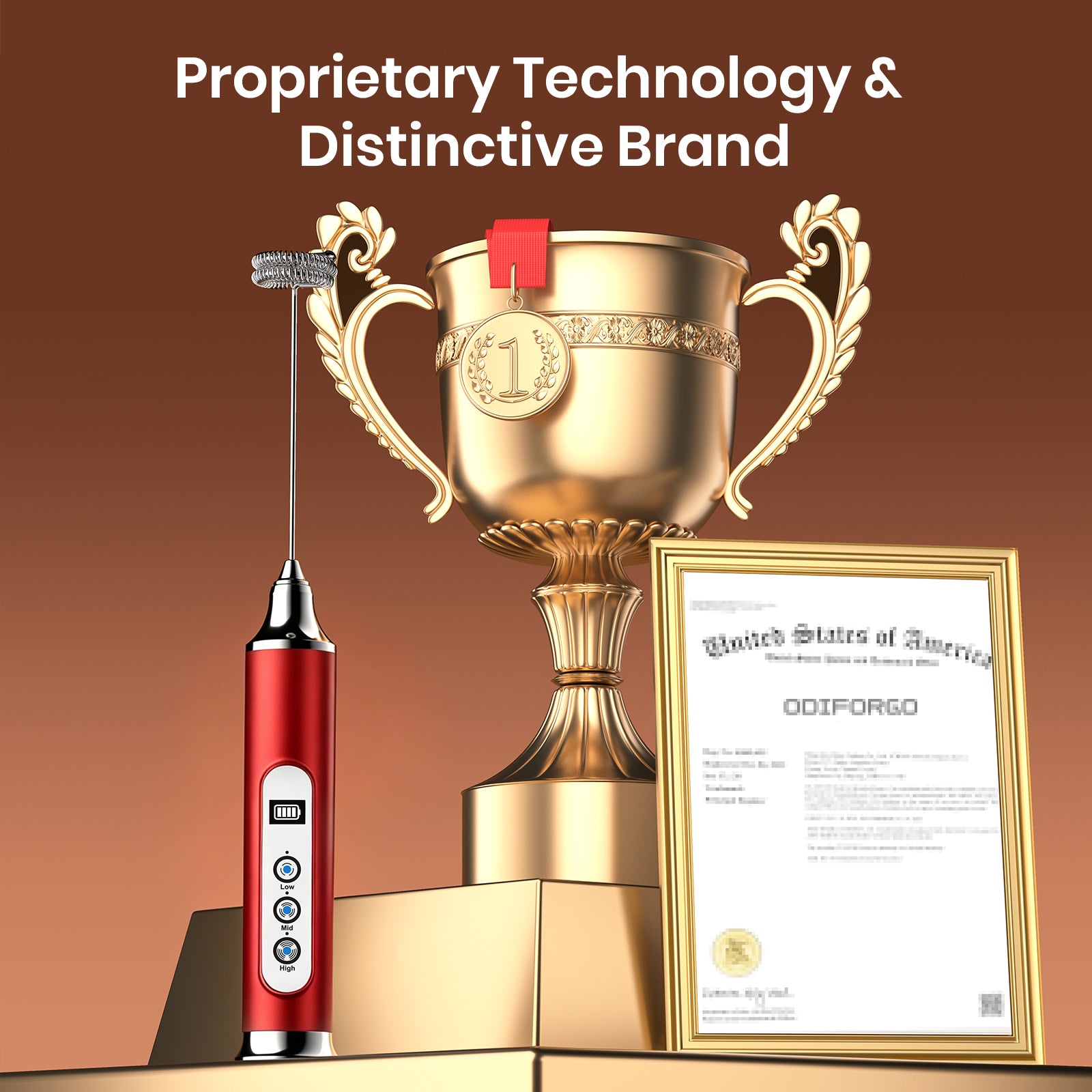 Red handheld device with gold trophy and certificate on a brown background