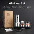 Product set with packaging, charging cable, instructions, and electric grinder on a dark background