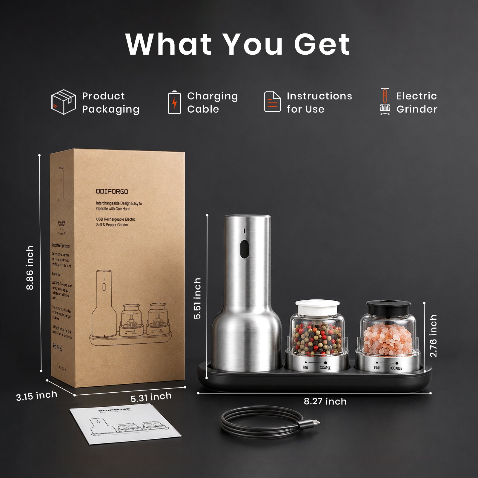 Product set with packaging, charging cable, instructions, and electric grinder on a dark background
