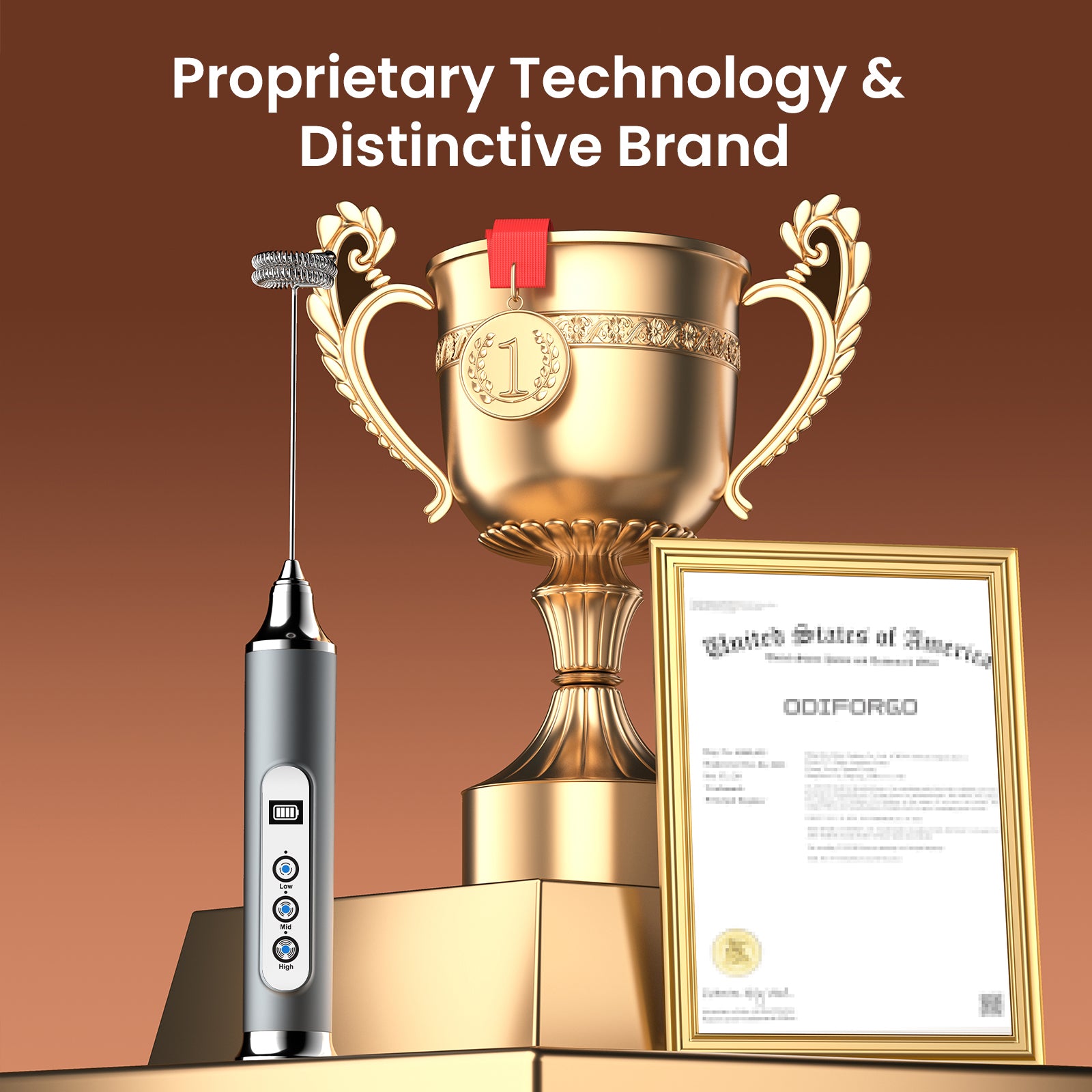 Gold trophy, milk frother, and certificate on a brown background with text about proprietary technology and distinctive brand.