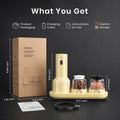 Product packaging, charging cable, instructions, and electric grinder displayed on a black background with measurements.