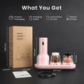 Product packaging, charging cable, instructions, and electric grinder displayed on a black background with measurements.