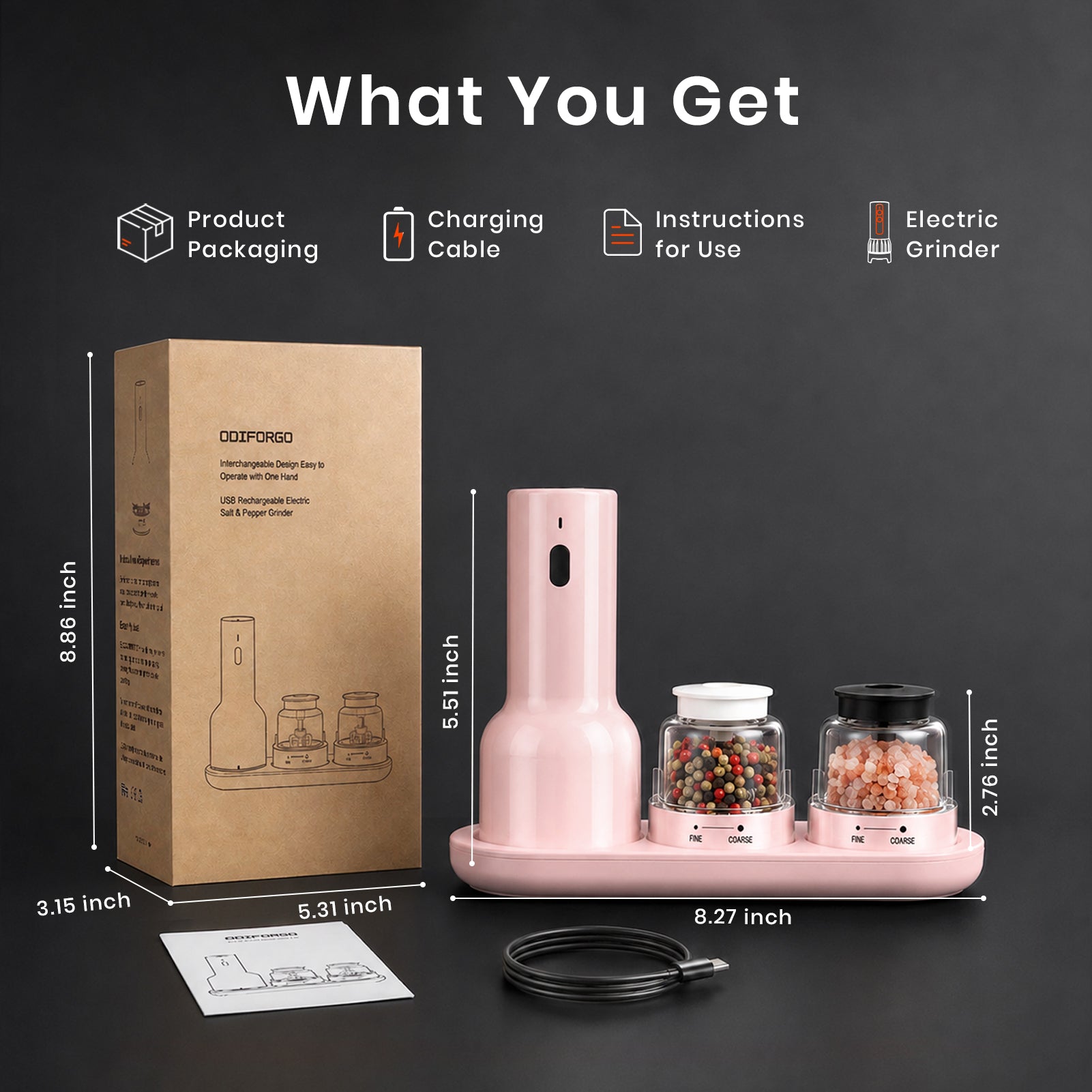 Product packaging, charging cable, instructions, and electric grinder displayed on a black background with measurements.