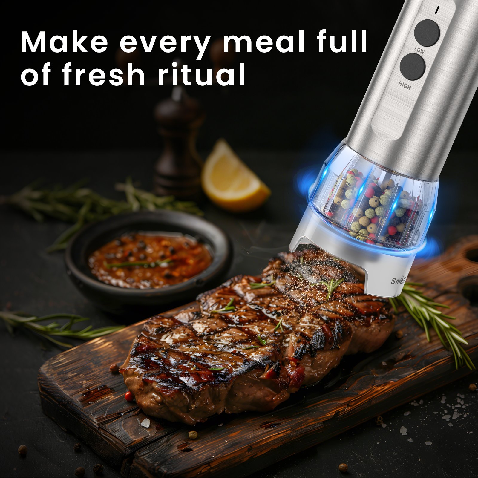 using odiforgo salt and pepper electric grinder to season steaks